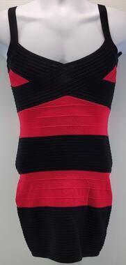 F4) G by Guess Sleeveless Tank Top Black Red Striped Stretch Dress Medium